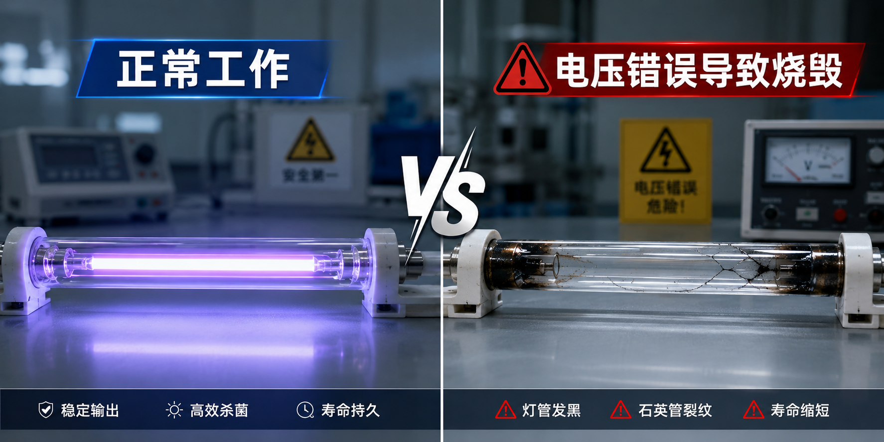 正常工作与电压错误导致烧毁的UVC杀菌灯管对比图
