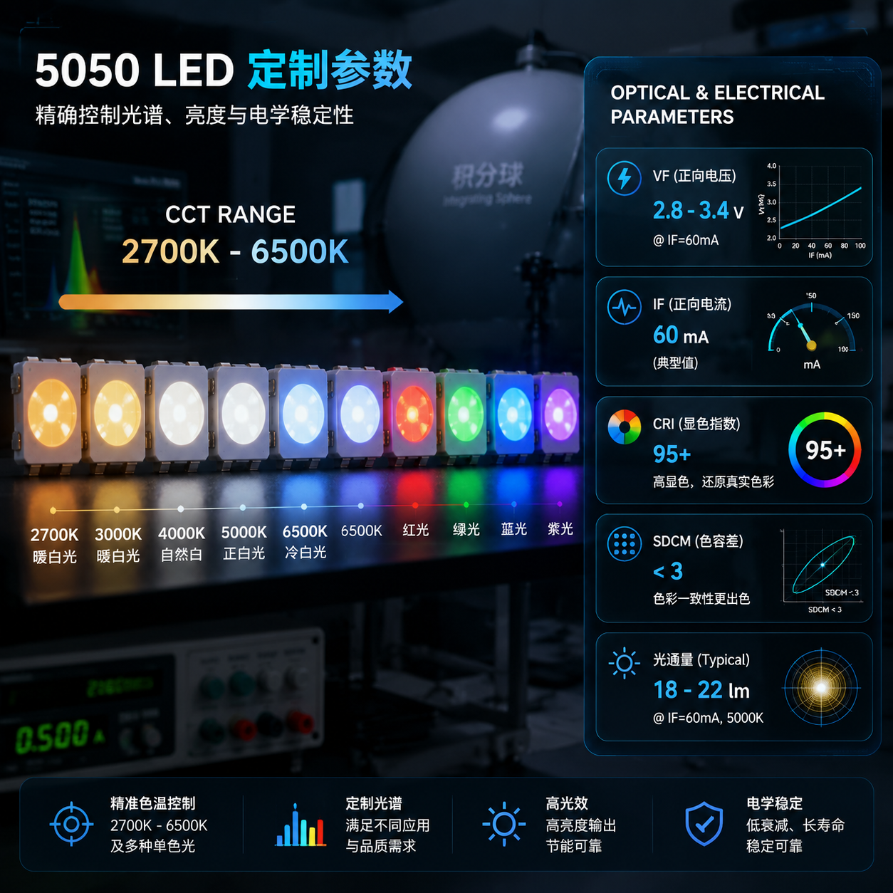 5050灯珠定制参数示意：色温2700K-6500K、VF/IF、CRI95+与SDCM小于3的可视化图表