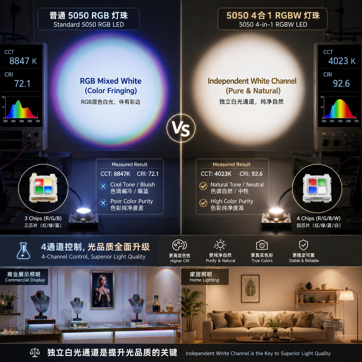 5050 RGB混色白光与5050 4合1独立白光通道的对比，突显4合1灯珠白光更纯净自然的优势。