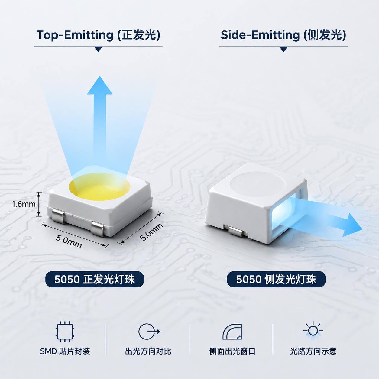 5050 侧发光灯珠与普通正发光 5050 灯珠的出光方向对比图，左侧为向上发光的普通灯珠，右侧为侧面出光的灯珠，直观展现核心区别。