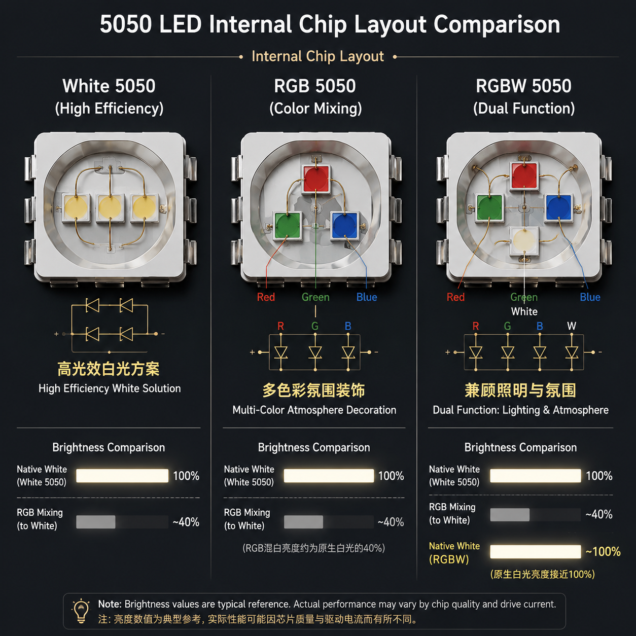 一张示意图，横向对比展示了白光5050、RGB 5050和RGBW 5050三种不同类型LED灯珠的内部芯片结构，突出它们在光效、色彩和照明功能上的差异。