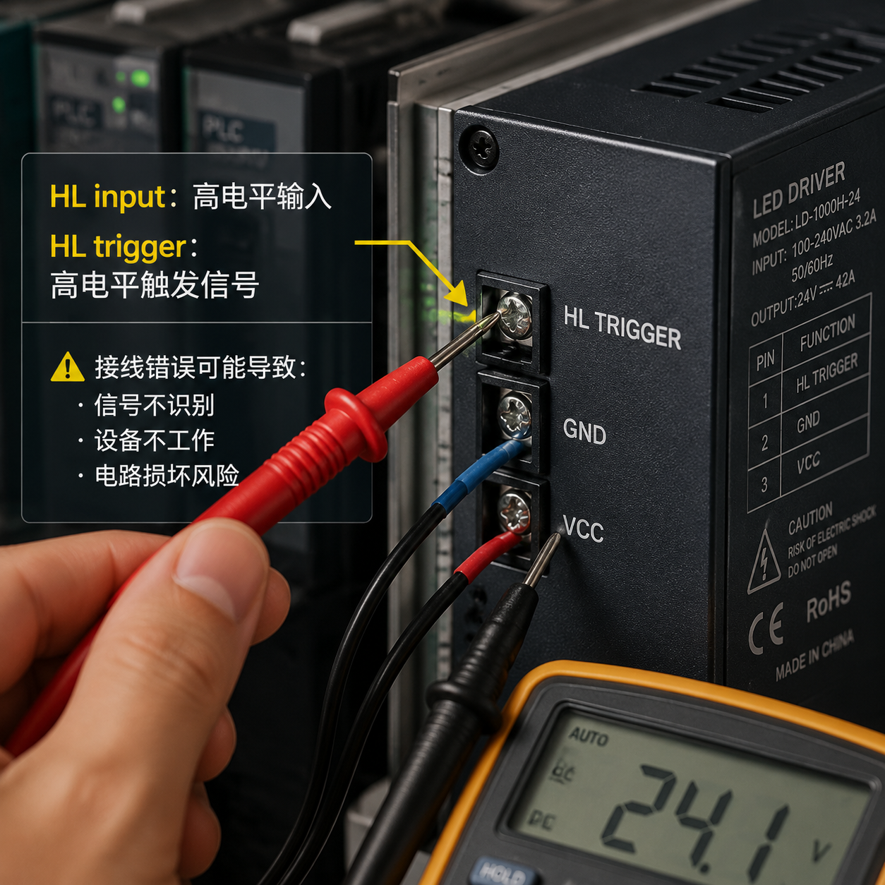 一位工程师正在测量工业LED驱动器接线端子上的HL TRIGGER端口电压,该图示强调了HL在电子工程中常指高电平输入或高电平触发信号,对正确接线的重要性。