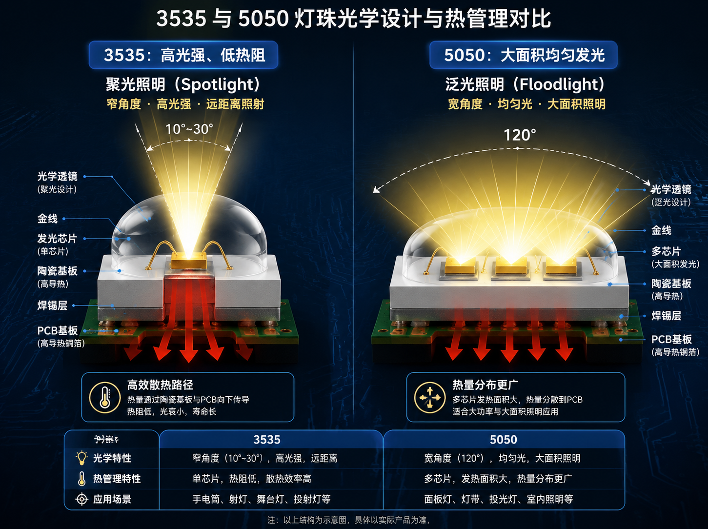 3535 LED灯珠与5050 LED灯珠的技术示意图，对比了3535的聚光光束与高效散热，以及5050的宽广均匀漫射光。