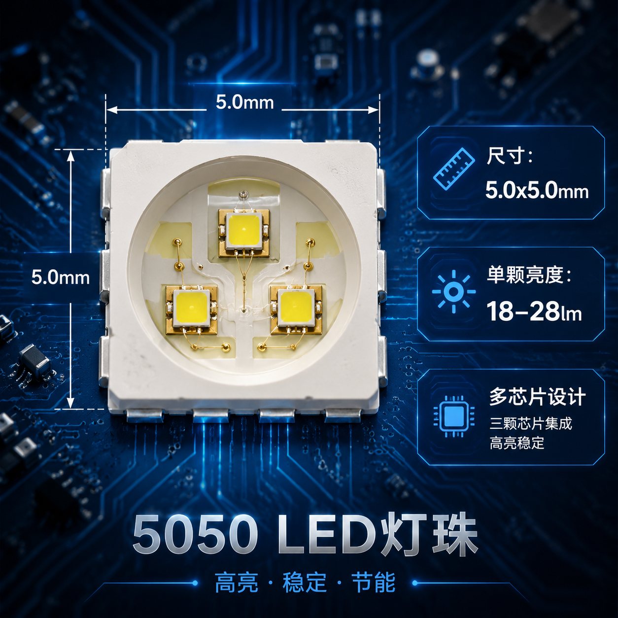 5050 LED灯珠的微距结构与关键参数示意图,展示其5.0x5.0mm尺寸和多芯片设计