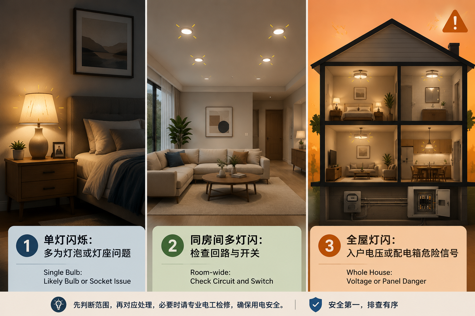 一张图解插画,展示灯泡闪烁的三种主要情况:单灯闪烁、同房间多灯闪烁和全屋灯闪烁,并提示各自的可能原因。