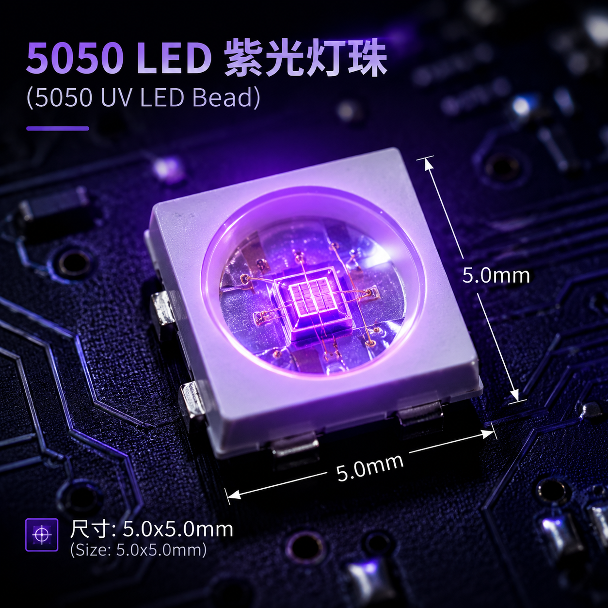 特写展示5050LED紫光灯珠的5.0mm x 5.0mm封装尺寸与发出紫色光芒的内部芯片,背景为电路板,强调其作为贴片式LED的工业应用特性。