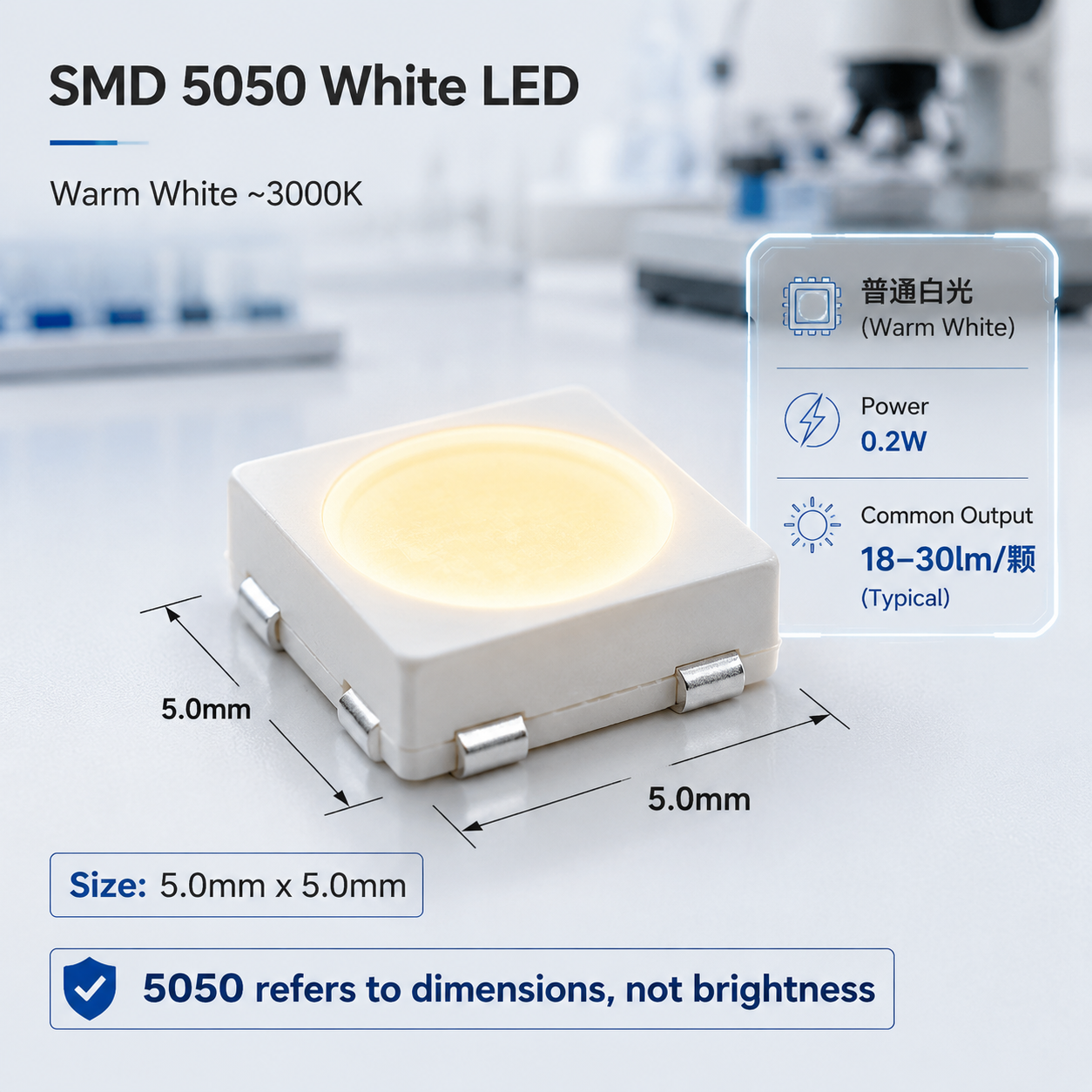 一张5050白光灯珠的微距图,标注其5.0mm x 5.0mm的封装尺寸和18-30lm的常见流明,强调5050仅代表尺寸而非固定亮度。