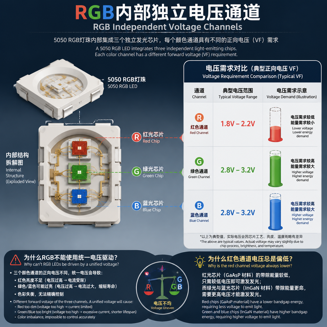 5050 LED灯珠电压详解：范围、灯带电压与接线要点