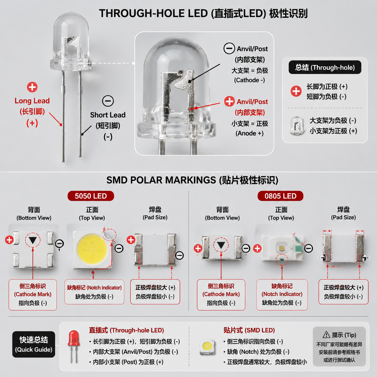 LED灯珠实物正负极识别指南,包含直插型LED的长短引脚、内部支架,以及贴片SMD LED的缺角、焊盘大小和底部标识等多种识别方法对比图