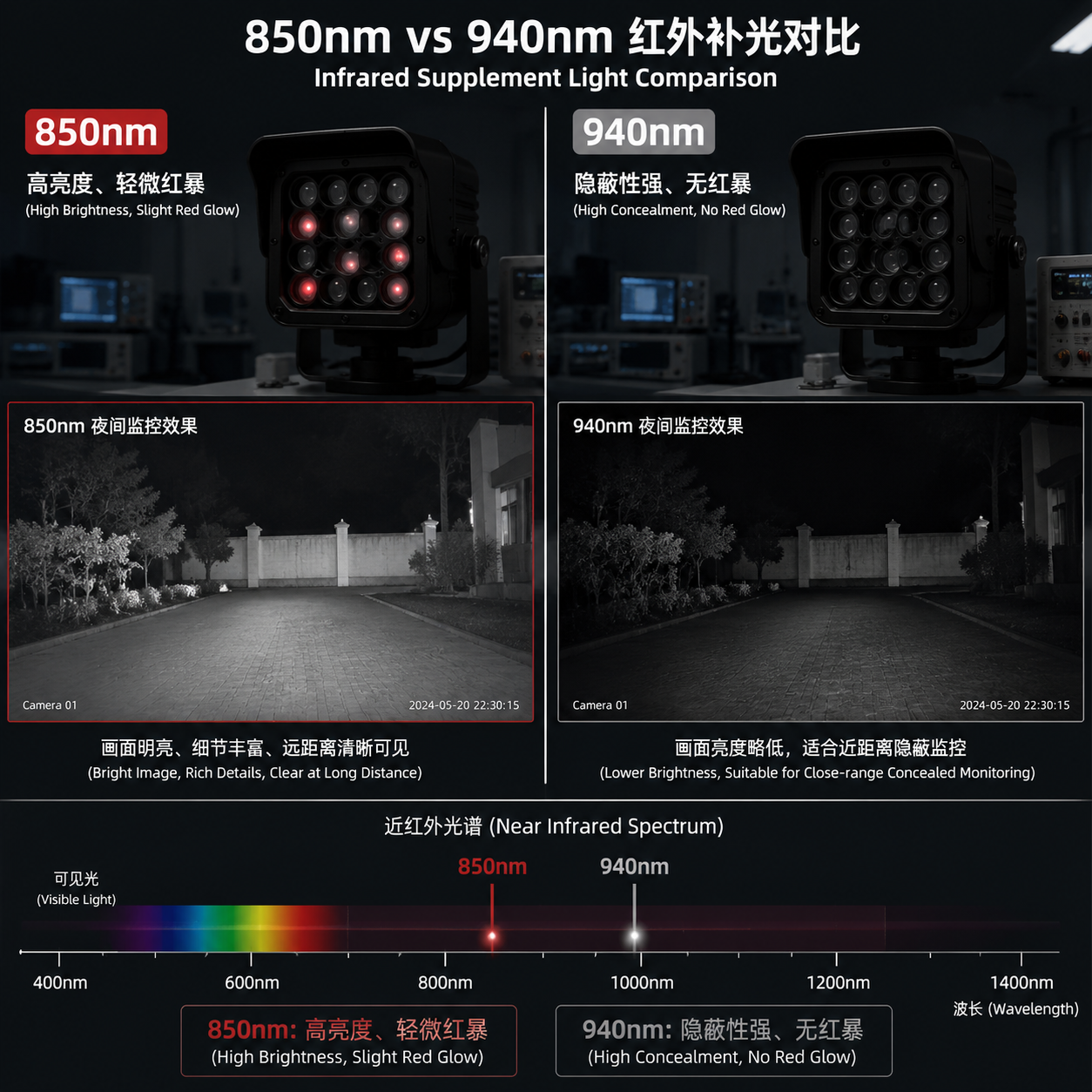 850nm 与 940nm 波长对比示意：850nm 更亮但有轻微红暴，940nm 隐蔽性更好