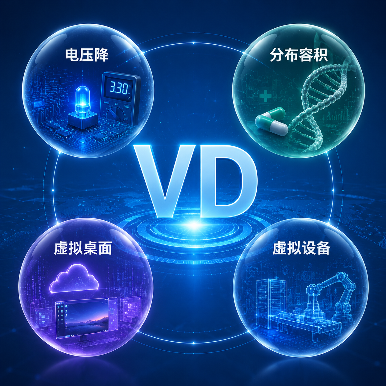 VD缩写在电子、医学、IT和工业领域的多种含义概览图,包括电压降、分布容积、虚拟桌面和虚拟设备