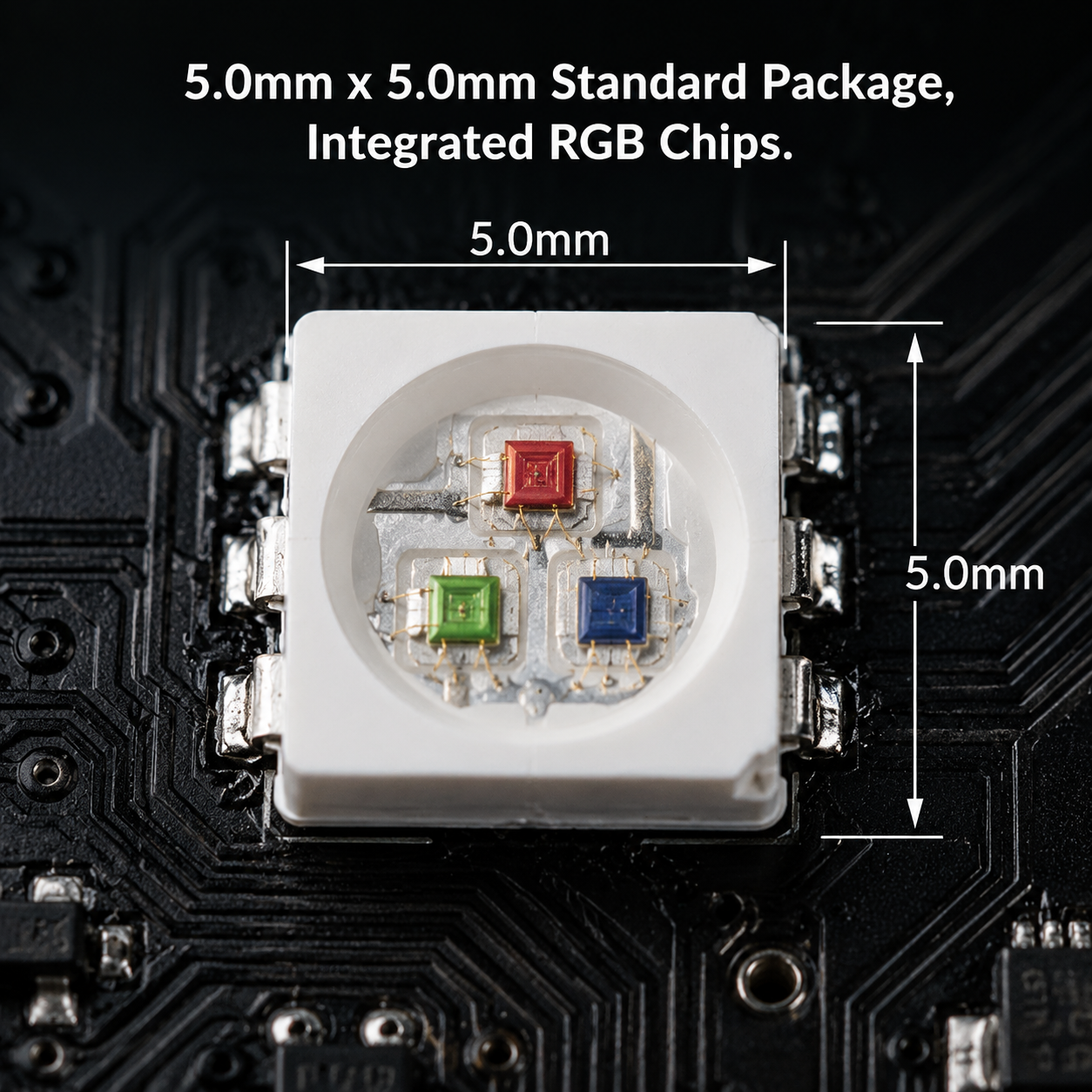 一颗5050RGB贴片灯珠的微距特写,标注其5.0mm × 5.0mm的封装尺寸,清晰可见内部的红、绿、蓝三颗发光芯片。