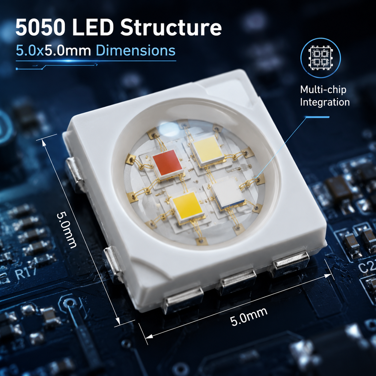 5050 LED灯珠内部精密结构特写，展示5.0x5.0mm尺寸、白色PLCC-6支架及RGBW四芯片的金线连接