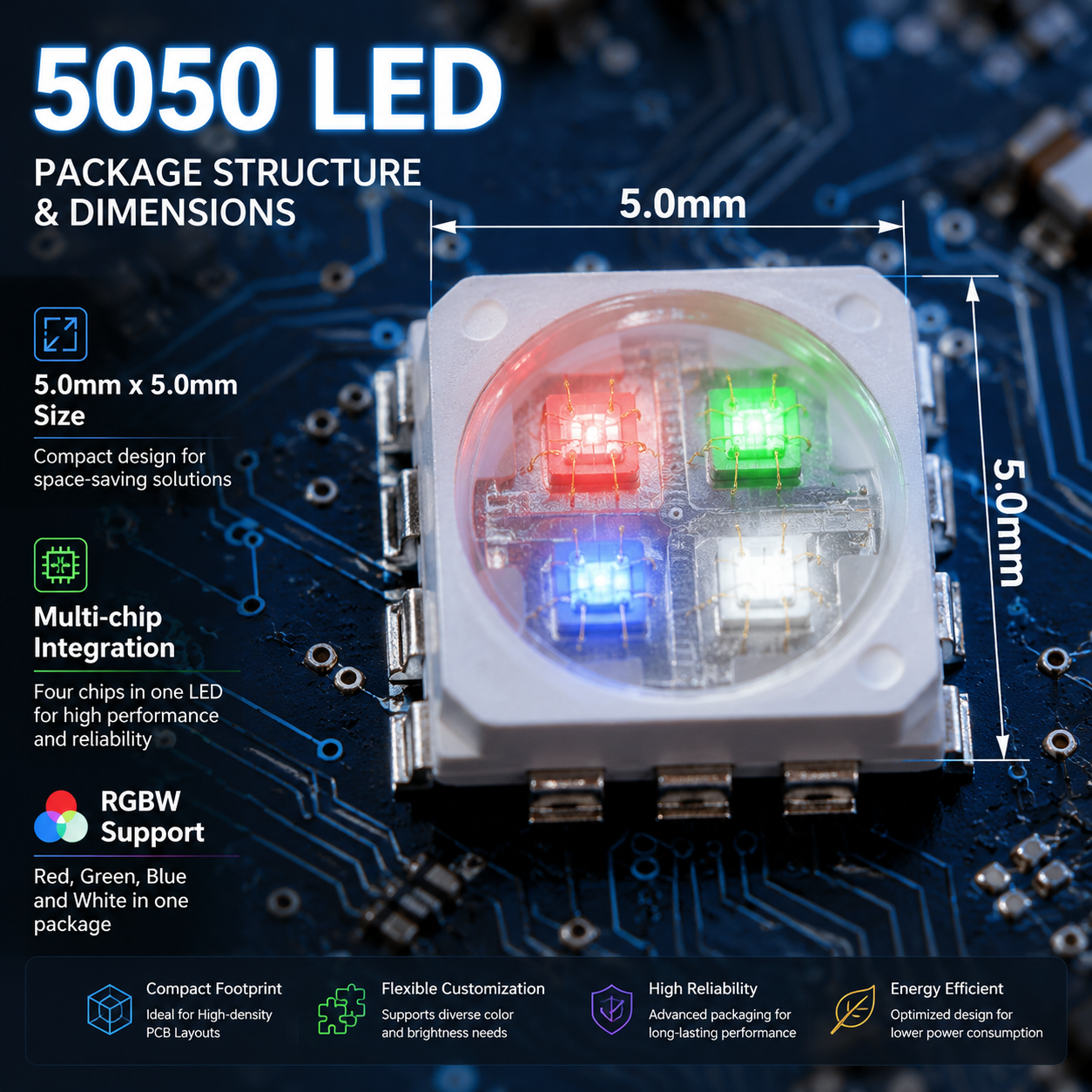 5050贴片LED封装微距图，标注5.0mm×5.0mm并展示RGBW多芯片结构
