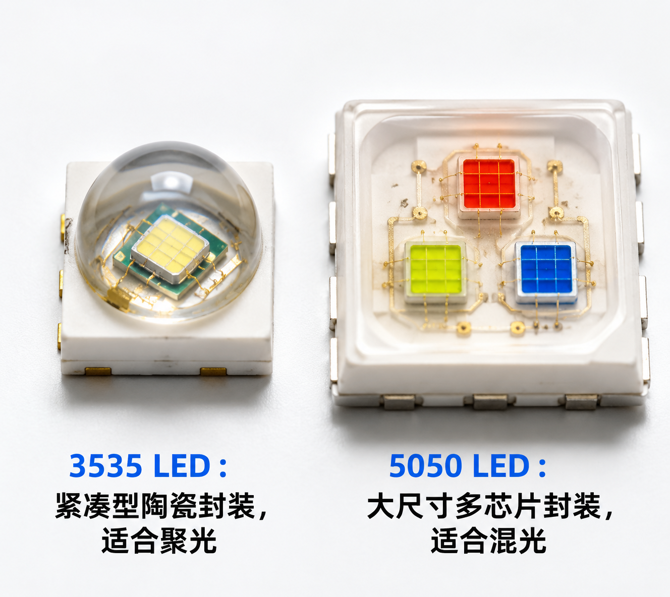 3535 LED灯珠与5050 LED灯珠的微距对比图，展示了3535的紧凑高功率单芯片聚光设计与5050的多芯片RGB混光结构。