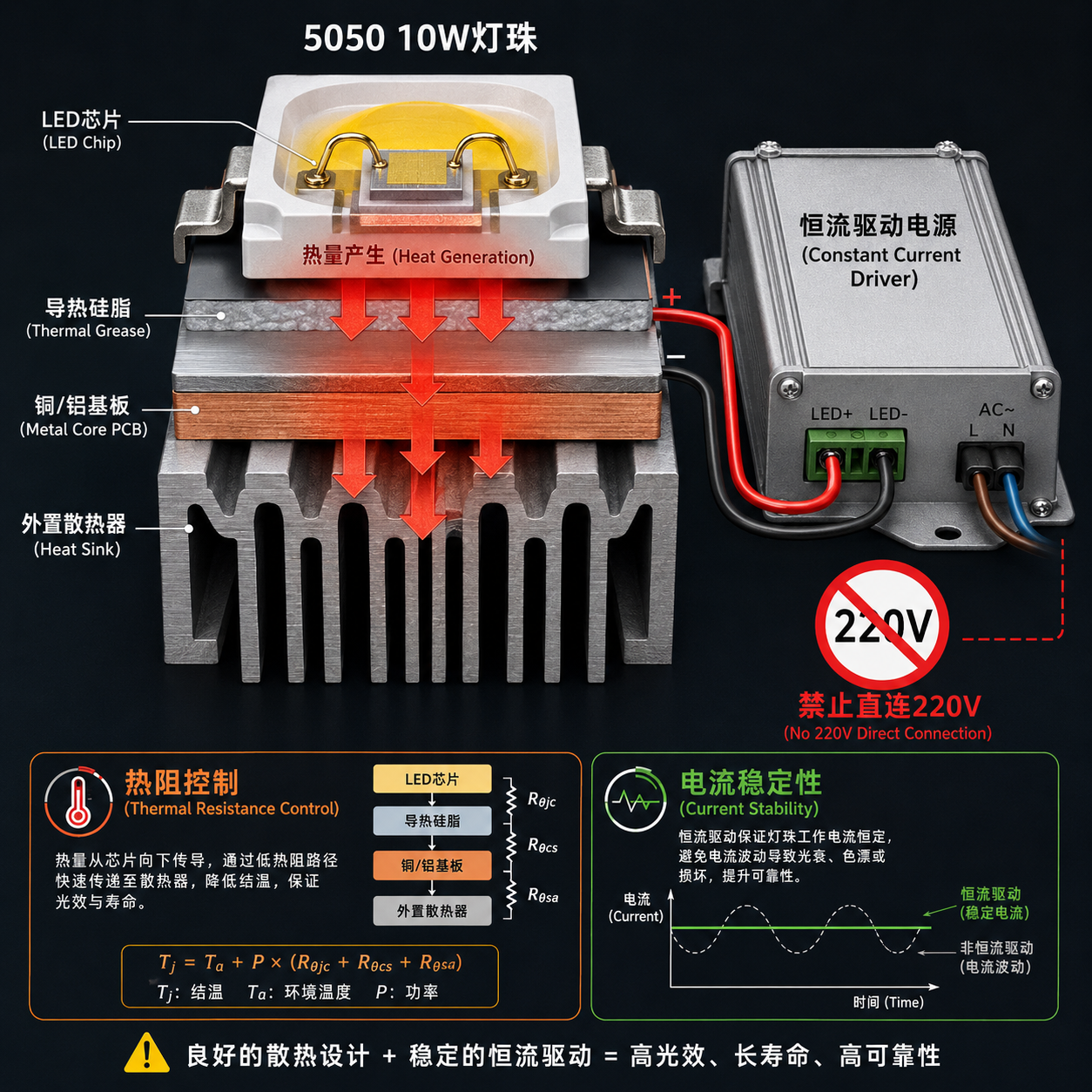5050 10W灯珠散热与驱动工程原理示意图，展示热量从灯珠芯片通过导热硅脂、金属基板传导至散热器路径，并强调需搭配恒流驱动电源，禁止直连220V。