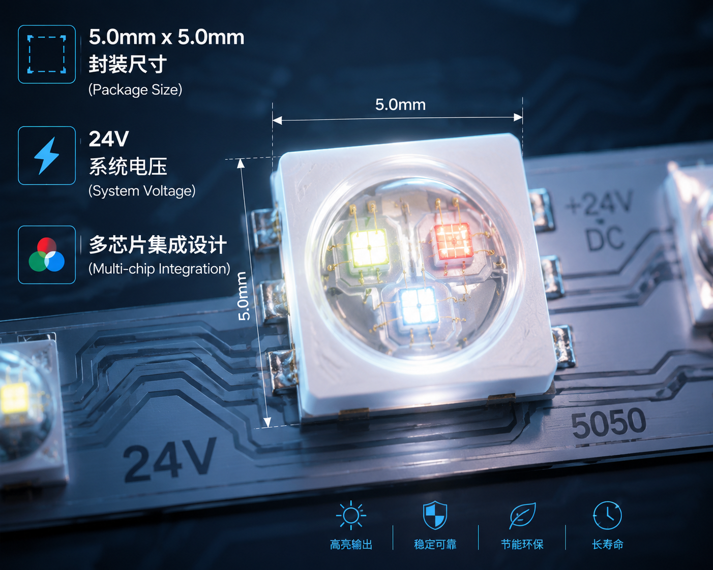 5050 LED灯珠技术解析图，展示5.0mm x 5.0mm封装尺寸、内部多芯片结构和24V系统PCB电路，用于阐明5050灯珠和24V供电原理