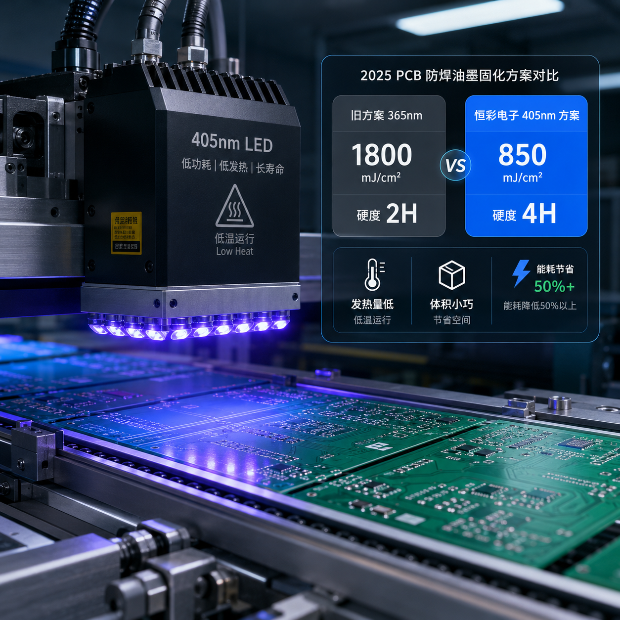 405nm LED UV固化系统在PCB生产线的应用及能耗与硬度提升数据对比