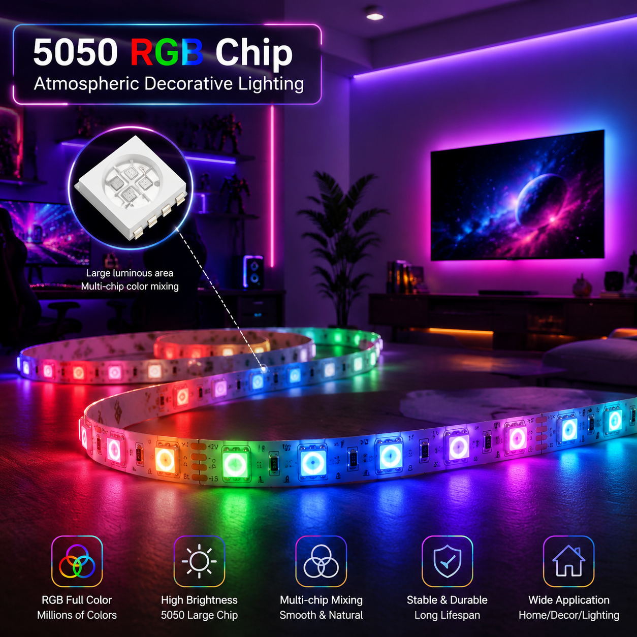 展示5050 RGB灯珠在LED灯带上的应用，发出多种柔和色彩，营造智能家居或电竞房间的氛围照明效果，凸显其在装饰与变色照明中的优势。