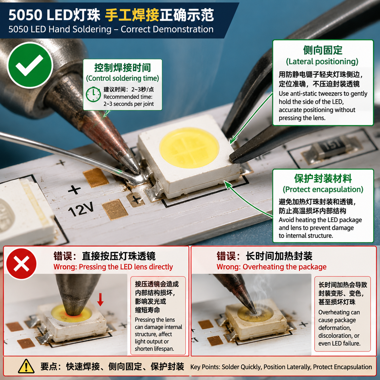 5050LED灯珠焊接要点与常见问题