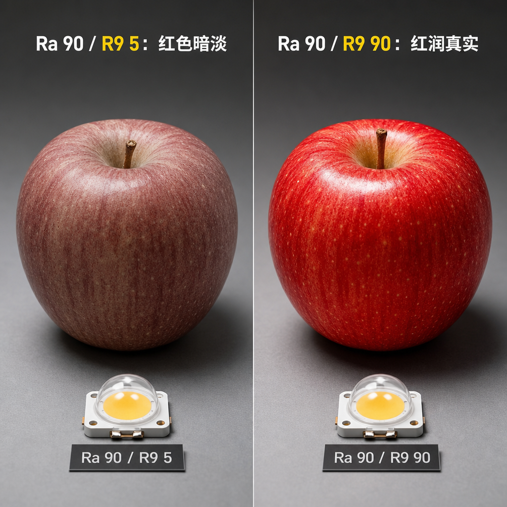 对比图:同一苹果在高Ra低R9(暗淡)与高Ra高R9(鲜艳)光源下的颜色差异