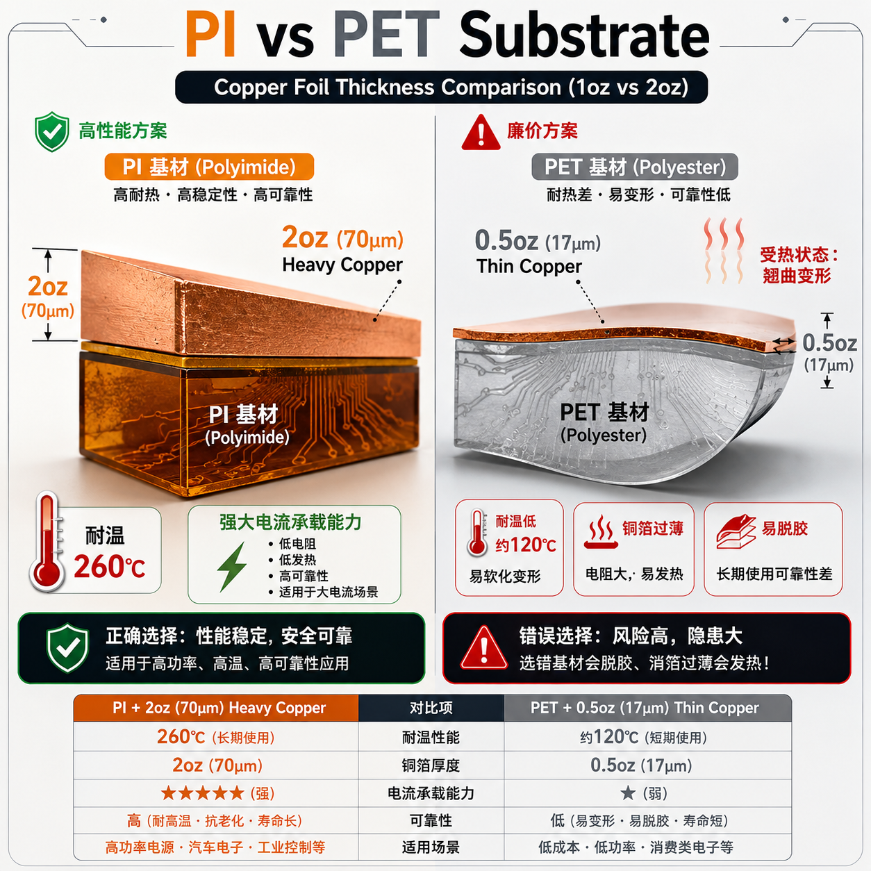 FPC基材PI与PET以及铜箔厚度(2oz vs 0.5oz)的对比技术图解
