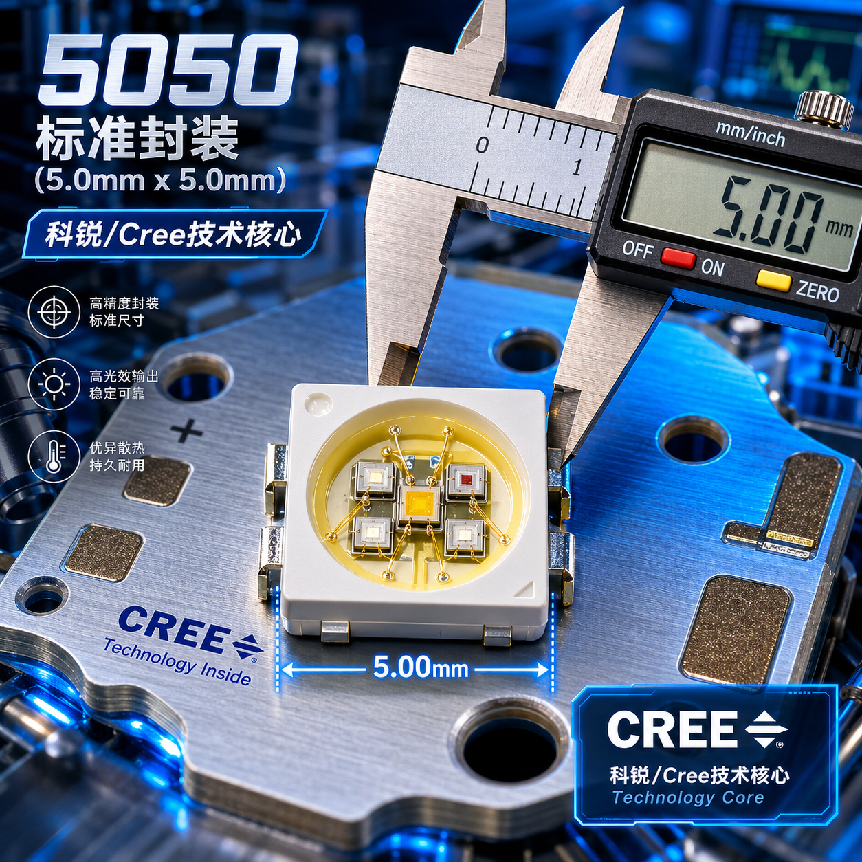 一张5050封装LED灯珠的微距图,展示其5.0mm x 5.0mm的尺寸和内部科锐/Cree技术核心结构