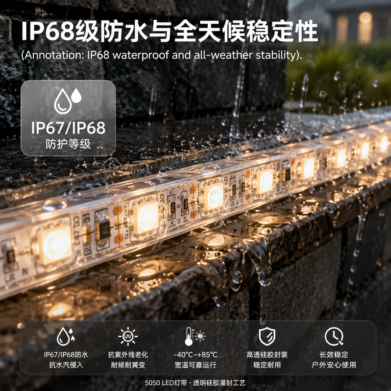5050 LED灯带采用硅胶灌封工艺,在模拟雨水冲击下依然稳定发光,体现了IP67/IP68防护等级的可靠性