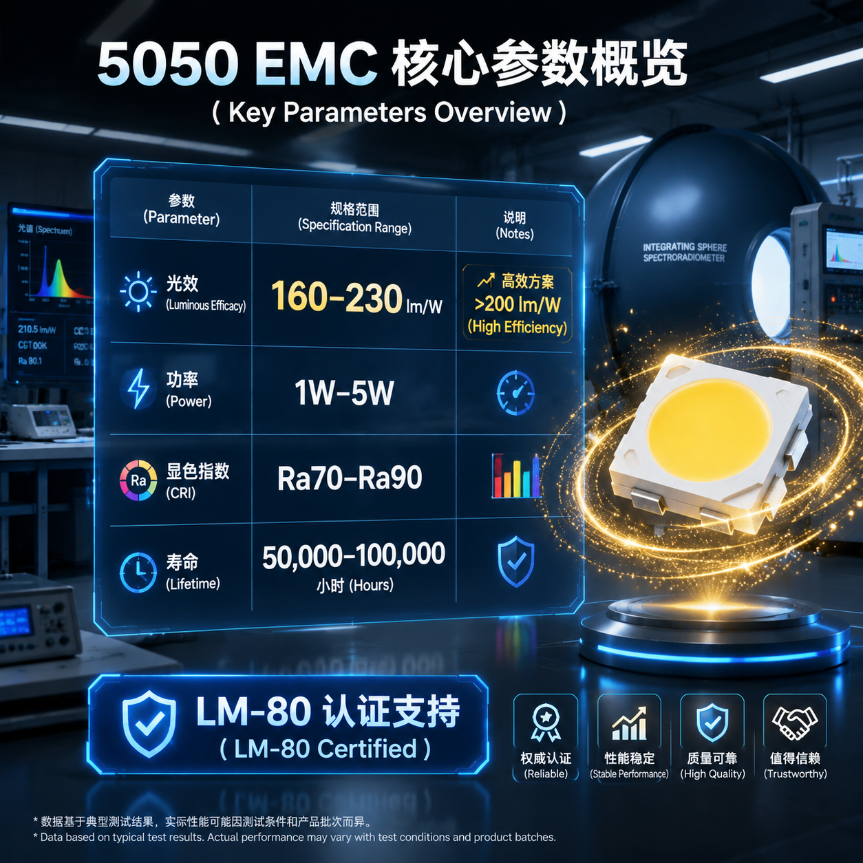 5050 EMC支架灯珠核心参数概览图,展示其光效、功率、显指及寿命等关键技术数据,并强调LM-80认证和高效方案。