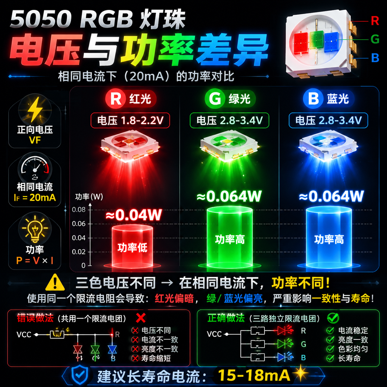 5050 RGB 灯珠红绿蓝三色电压与功率对比图,突显差异及限流必要性