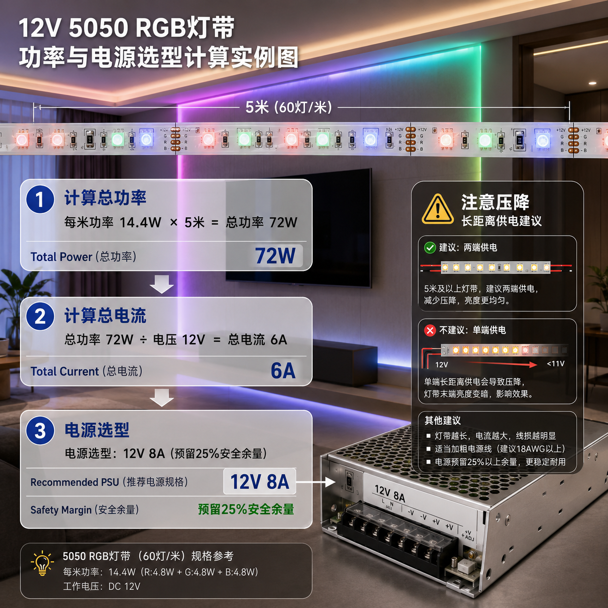 5050 RGB灯珠工作电流怎么选？参数与电源计算