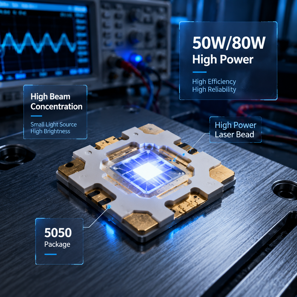 精密封装的5050 80瓦激光灯珠,展现其高亮度和光束集中性,符合工业应用场景。