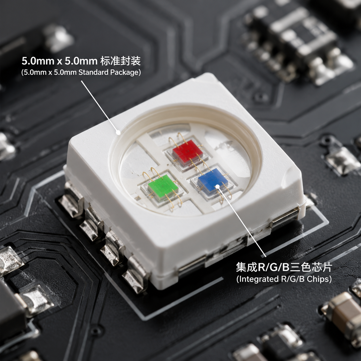 5050 RGB LED灯珠微距图，展示其5.0x5.0mm标准封装和内部集成的红绿蓝三色芯片