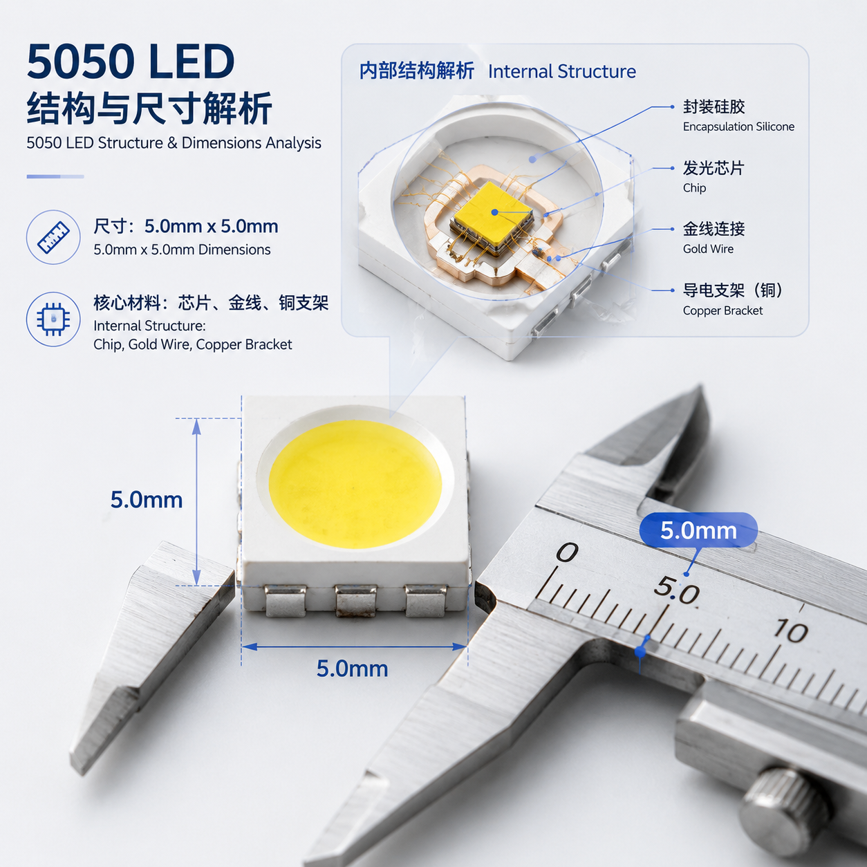 5050LED灯珠结构与尺寸:5.0mm x 5.0mm,显示芯片、金线、铜支架与封装硅胶