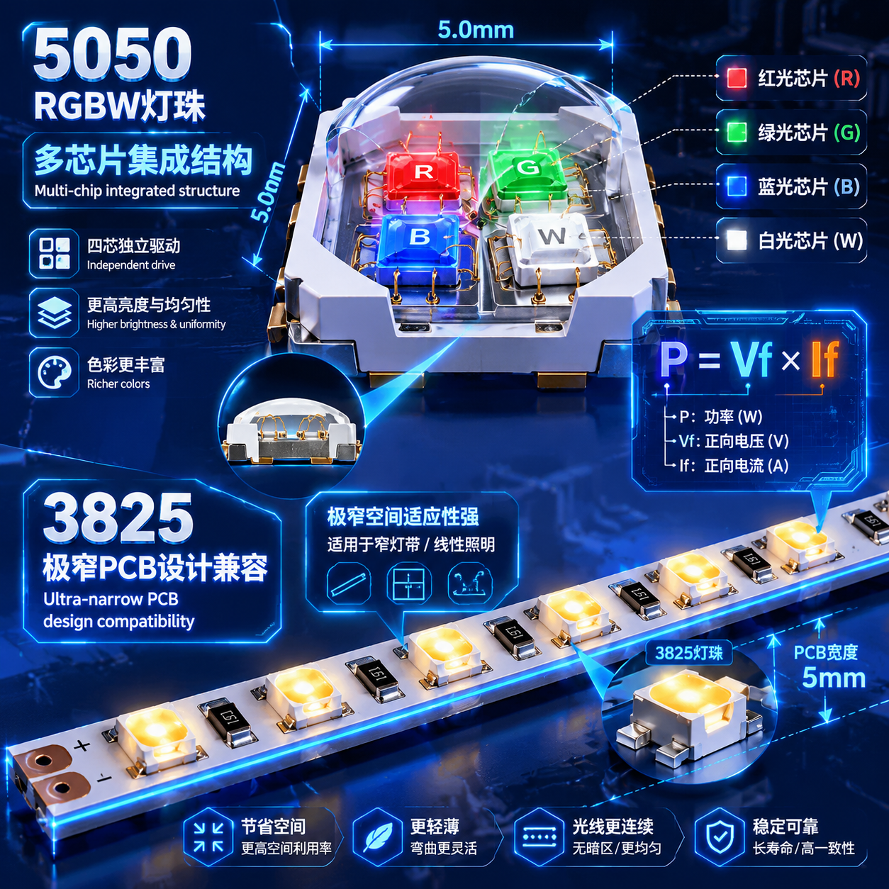 5050 RGBW多芯片集成结构与3825窄PCB应用示意图，并显示LED功率计算公式P=Vf×If