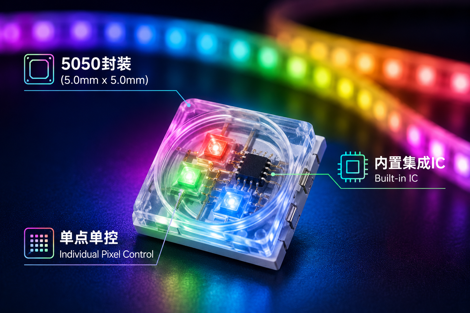 特写5050 RGB内置IC灯珠,展示其5.0mm x 5.0mm封装、内置控制IC和单点独立控制特性,周围是幻彩渐变灯光效果。