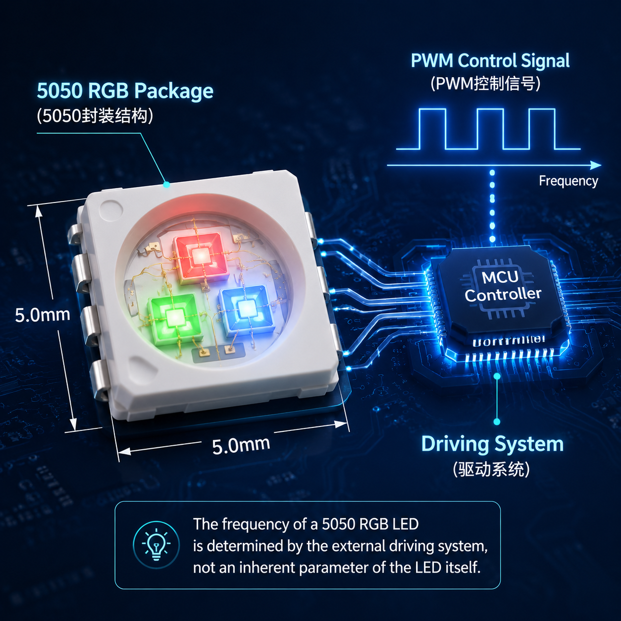 5050 RGB灯珠封装及其由PWM控制信号和驱动系统决定的频率示意图