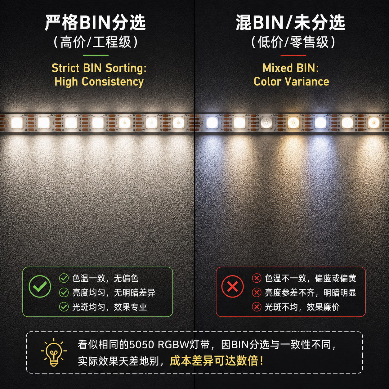 对比图展示了严格BIN分选与混BIN出货的5050 RGBW灯带在白光色温一致性上的差异,左侧为色温一致性高的工程级产品,右侧为存在偏色和亮度不均的低价产品。