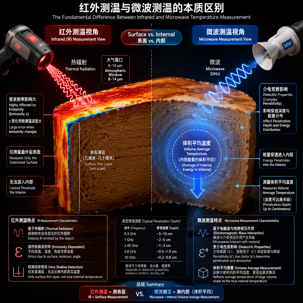红外测温与微波测温原理示意图，对比展示红外线聚焦物体表面辐射而微波能穿透材料探测体积平均温度