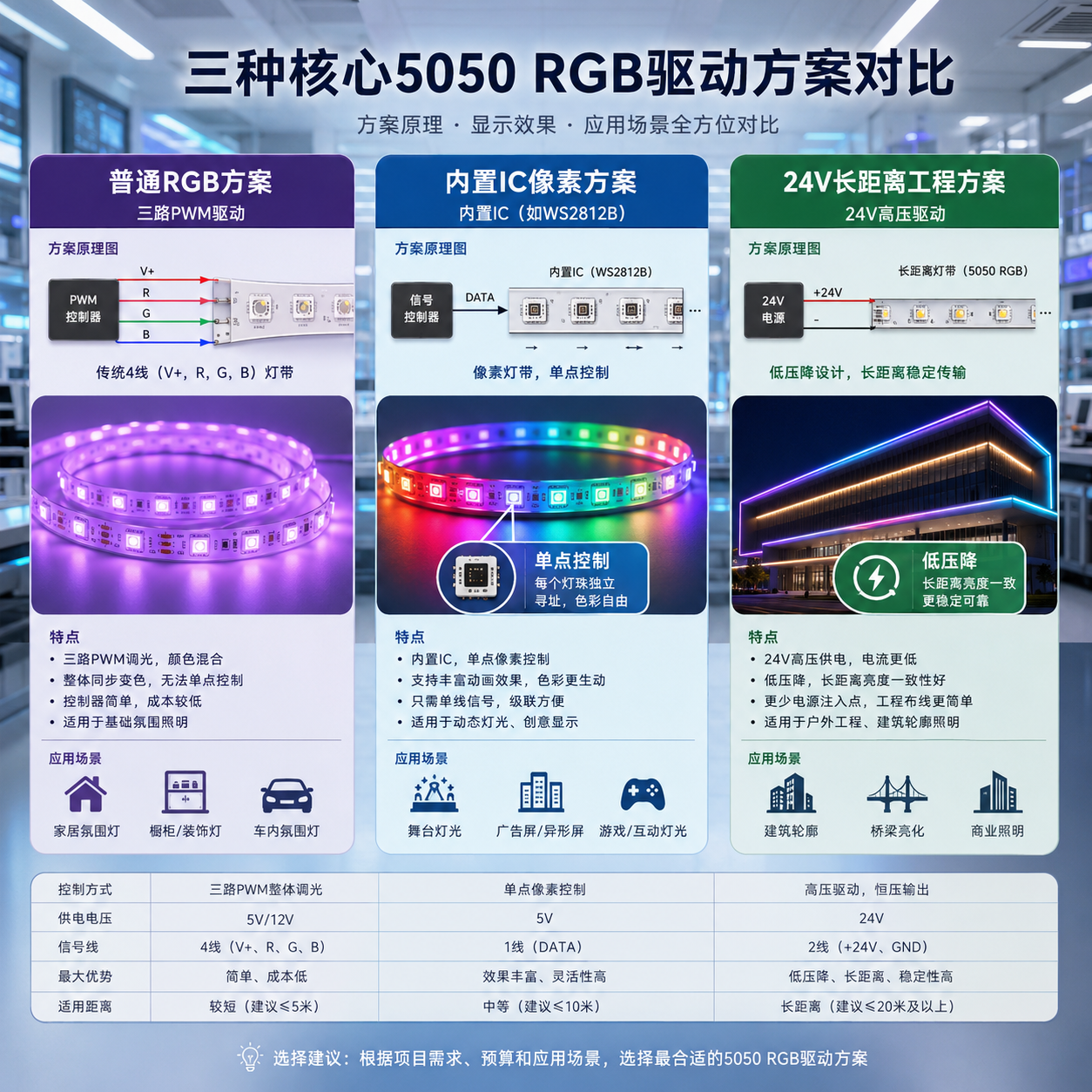 不同5050 RGB灯珠驱动板方案对比:普通PWM、内置IC像素方案及24V长距离工程方案