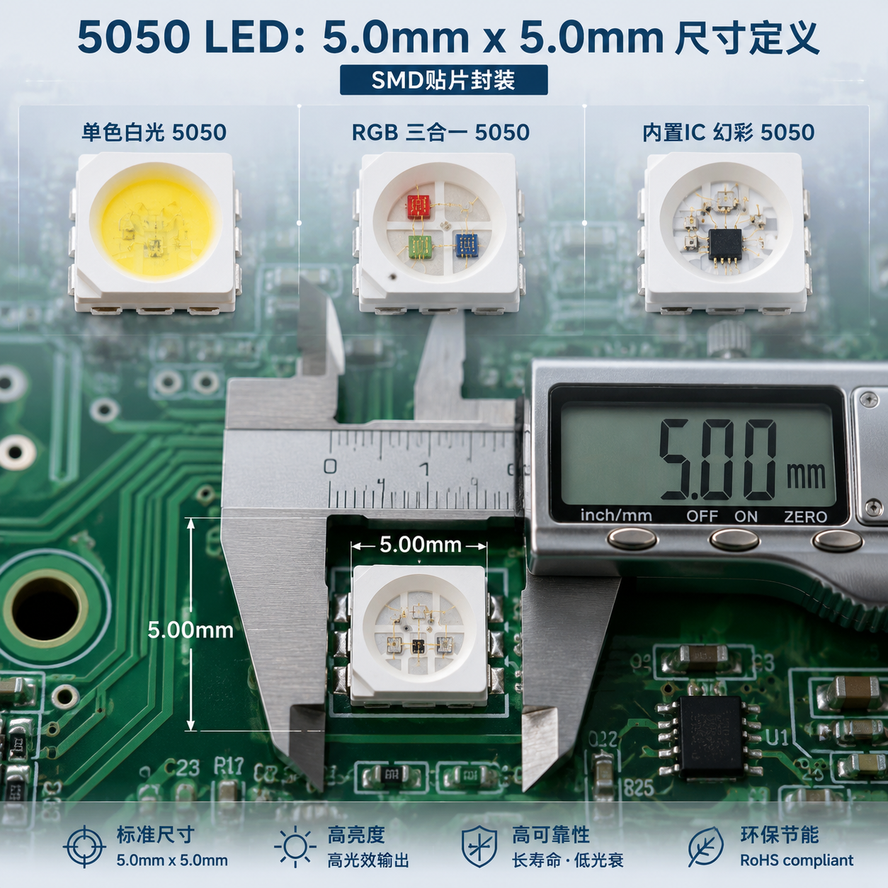 5050 LED灯珠的尺寸定义，展示5.0mm x 5.0mm的贴片封装，并对比单色、RGB和带IC幻彩类型。