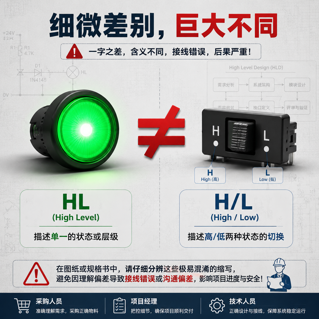 一张对比图,清晰区分了HL(高电平或高层级)与H/L(高/低两种状态切换)的含义,并用红色不等号强调两者不能混用,避免工程上的误判。
