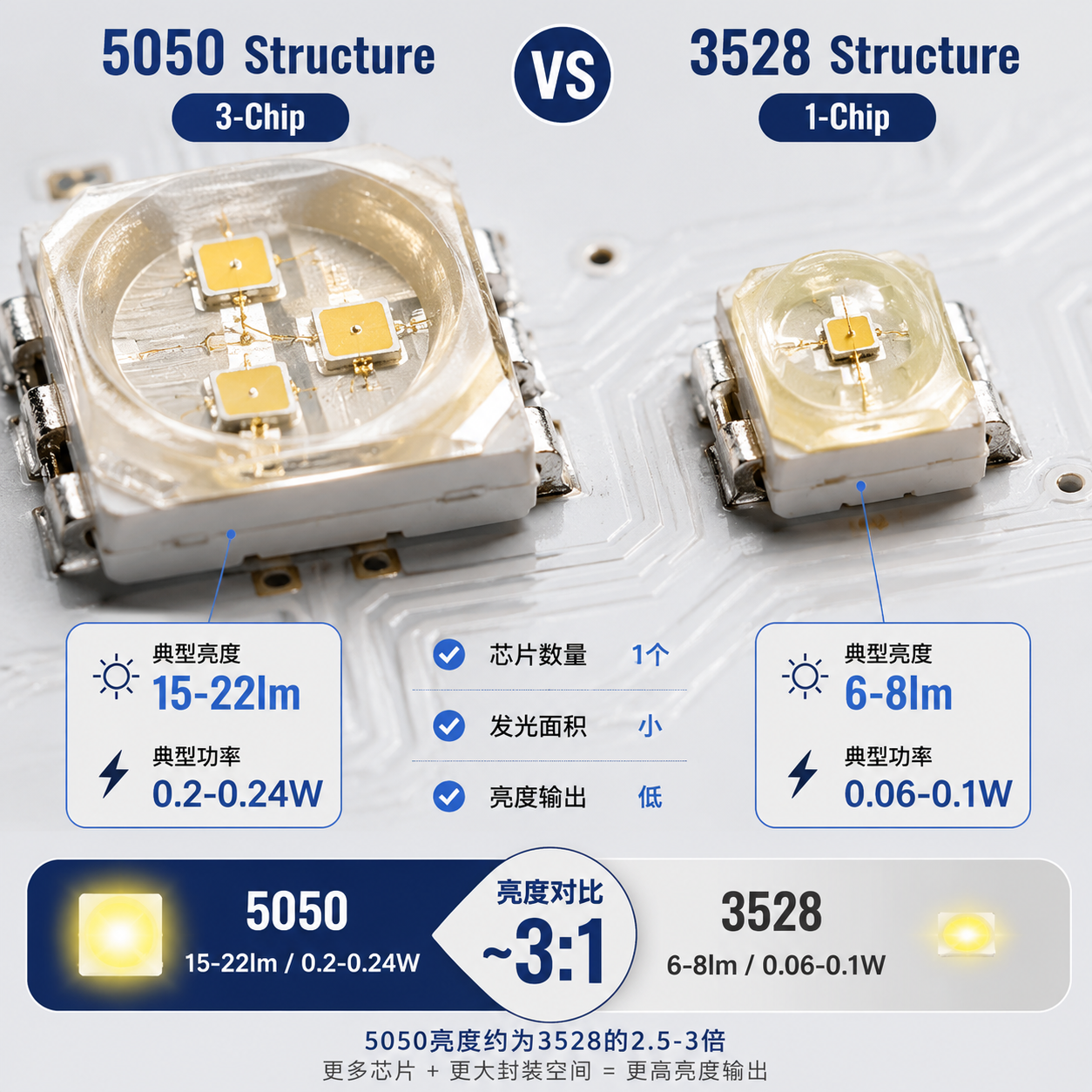 5050与3528灯珠内部结构及性能对比,5050(三芯片、高亮度)和3528(单芯片、低功率)的亮度、功率差异图。