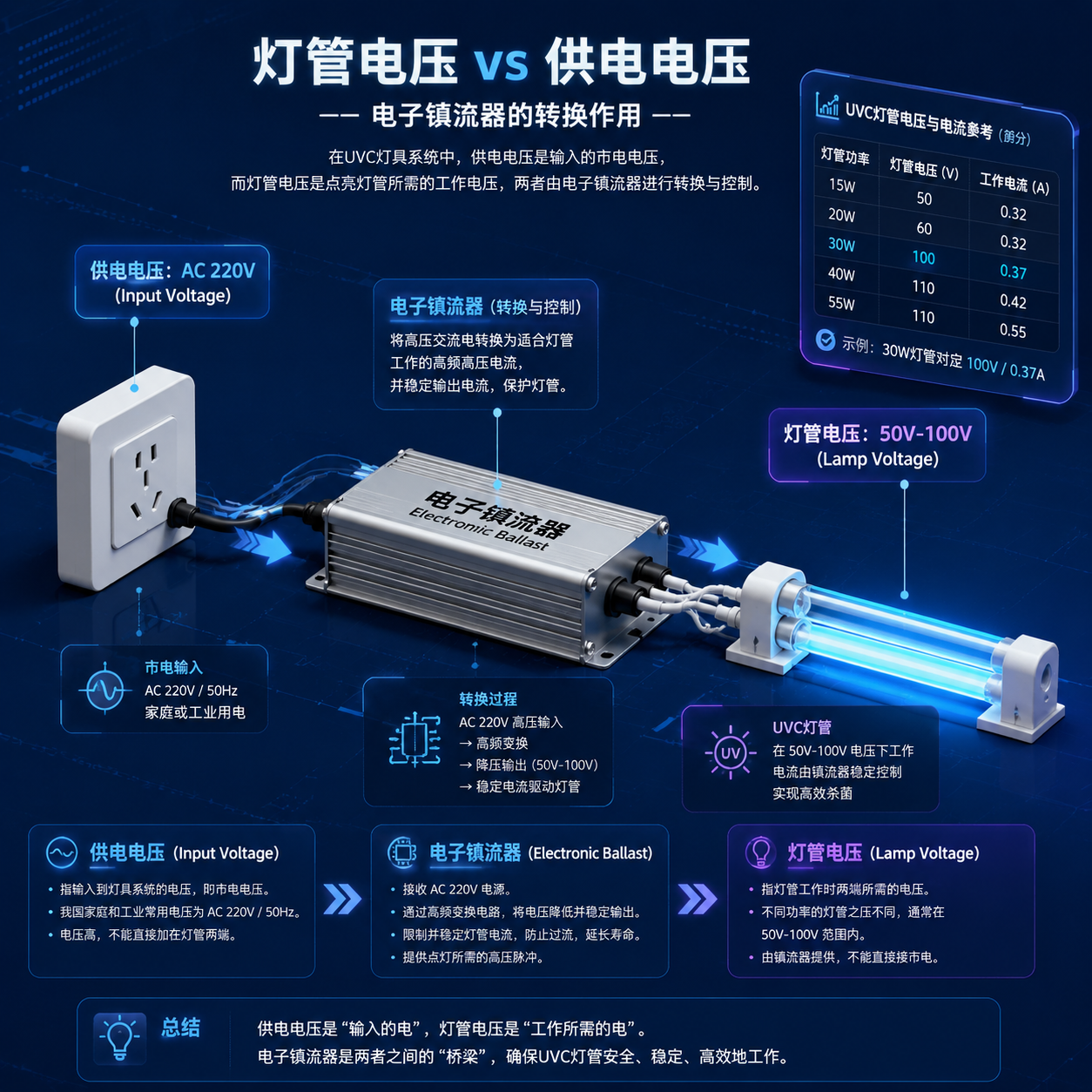 UVC杀菌灯管电压与供电电压示意图，展示镇流器转换作用