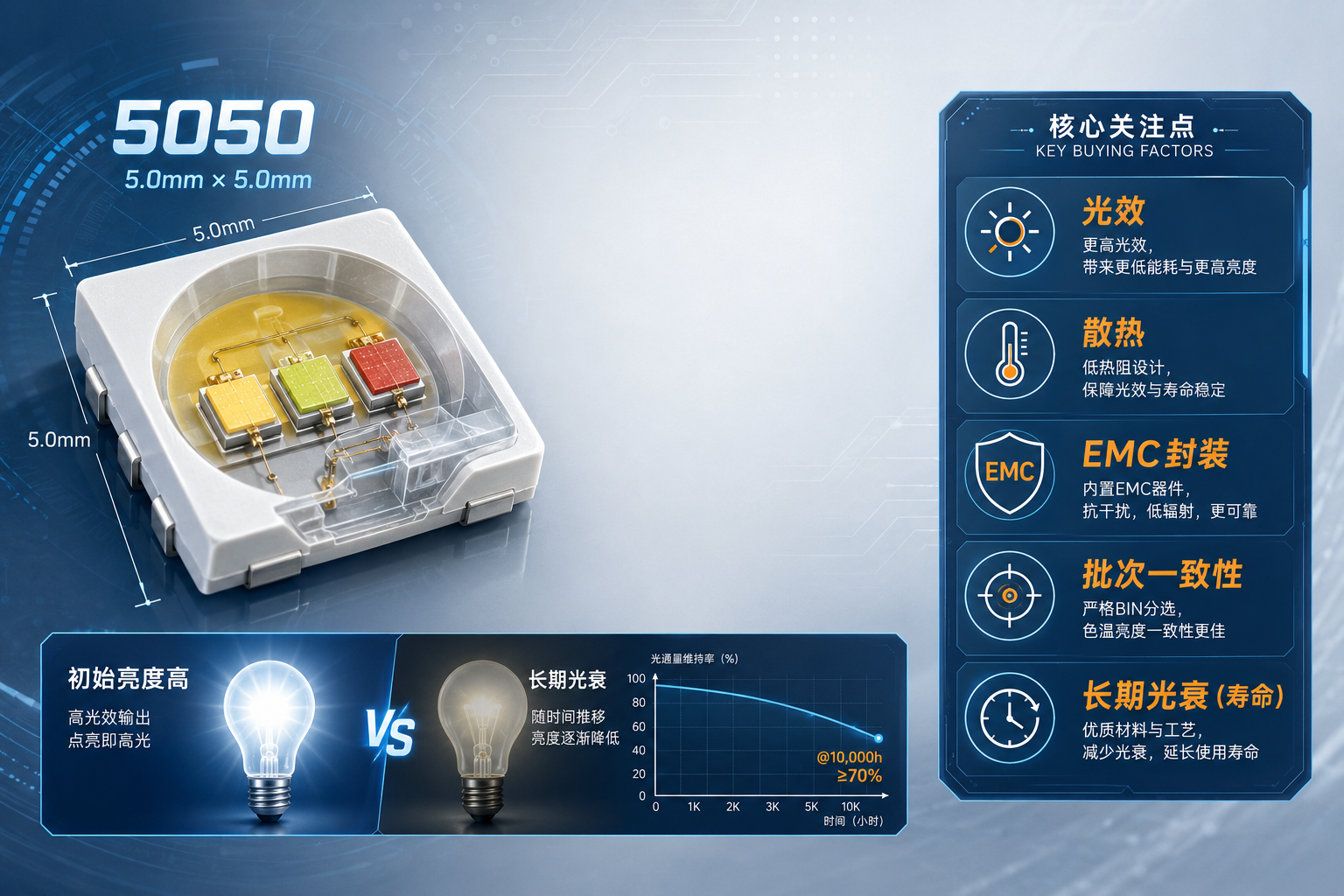 5050LED路灯灯珠怎么选：看功率、光效、EMC和寿命