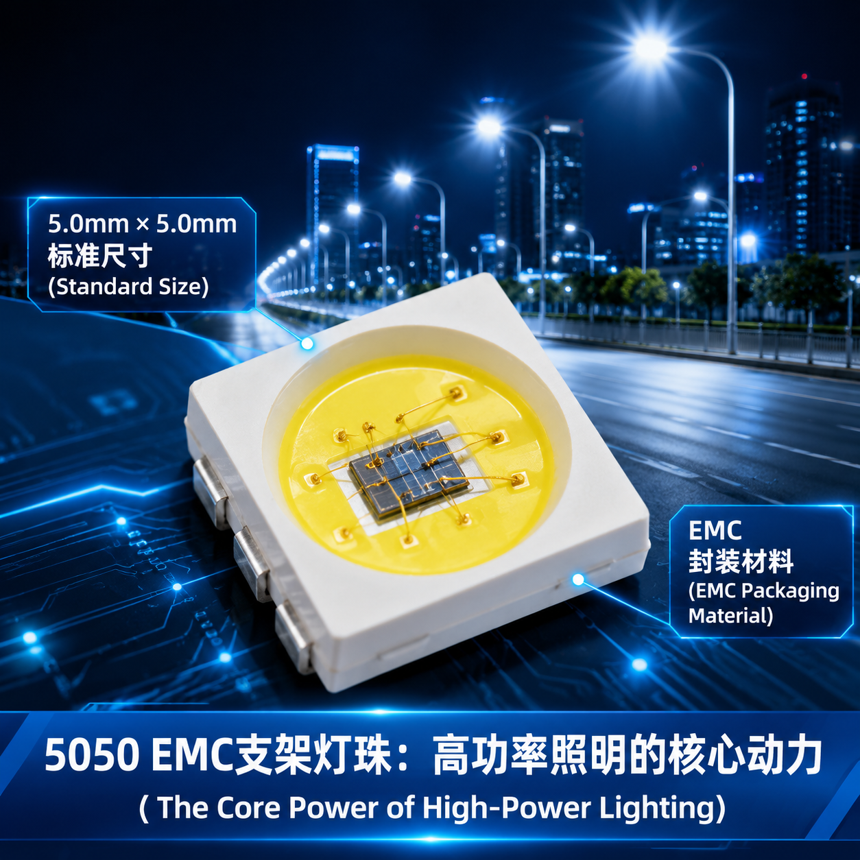 5050 EMC支架灯珠特写,展示5.0mm x 5.0mm尺寸和EMC封装材料,背景为LED路灯照明下的城市街道,象征其高功率照明应用。