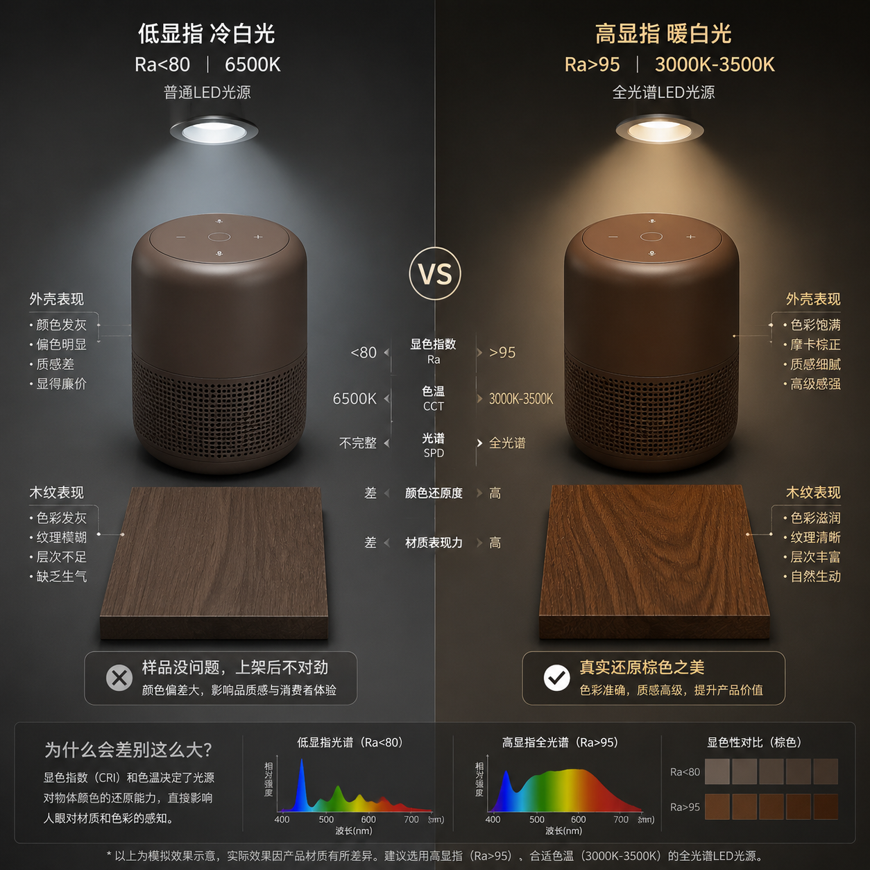左右对比图展示LED灯光对摩卡棕电子产品外壳和木纹板的影响:左侧低显指冷白光下颜色发灰,右侧高显指暖白全光谱光下颜色饱满真实,直观对比了不同光源下棕色材质的视觉差异