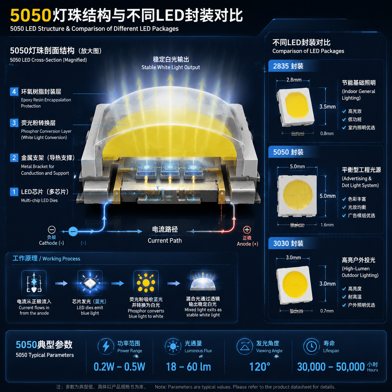 5050灯珠内部结构剖面图及2835、5050、3030封装对比示意