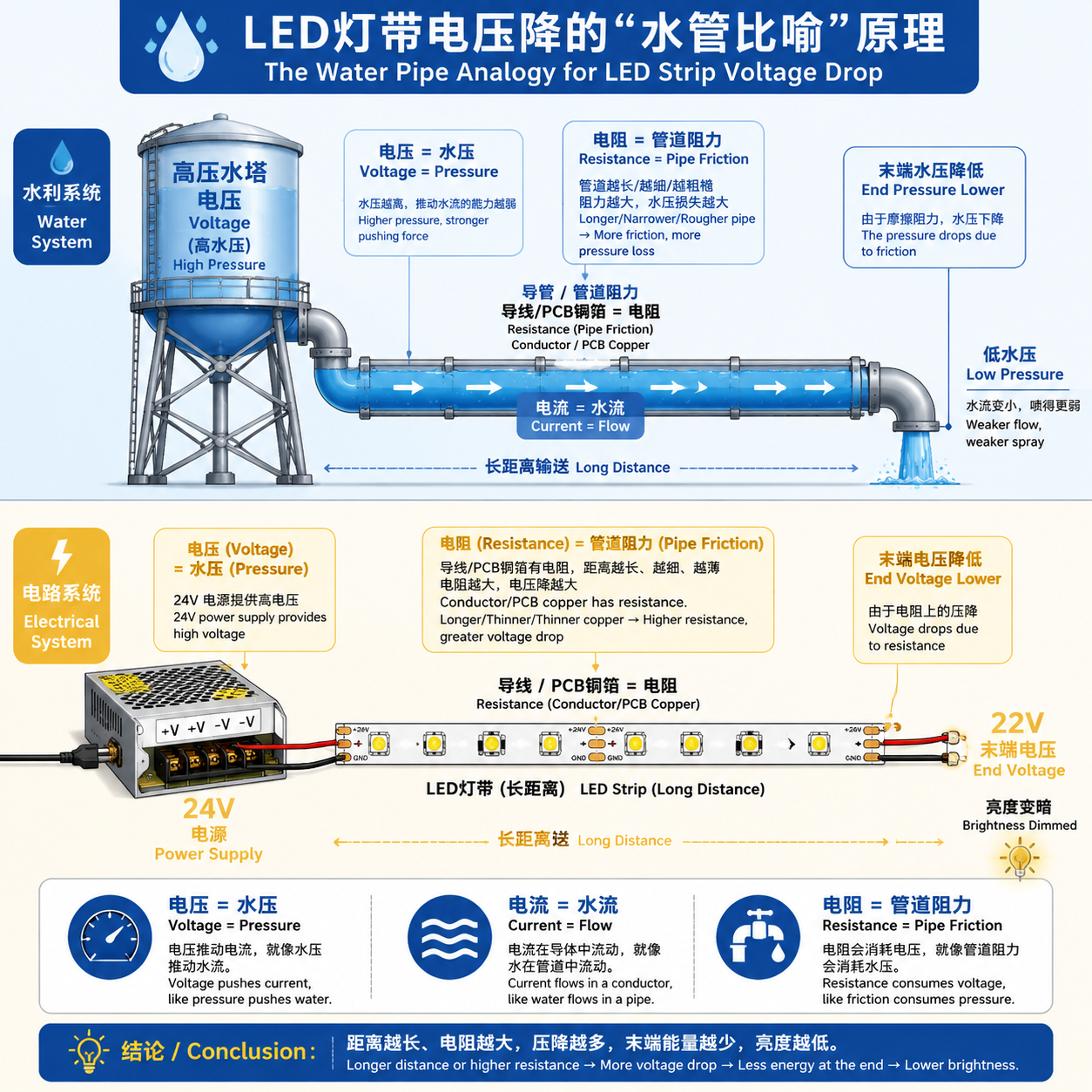 LED灯带电压降的水管比喻信息图,通过水压与水流类比解释电压与电流在长距离传输中的损耗