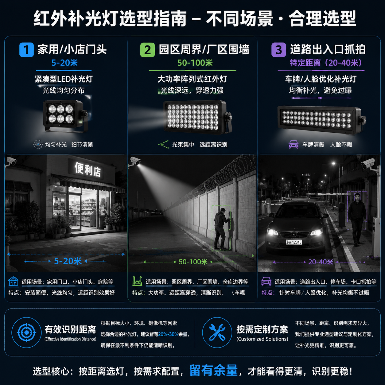夜视监控红外补光灯怎么选：850nm、940nm与距离判断